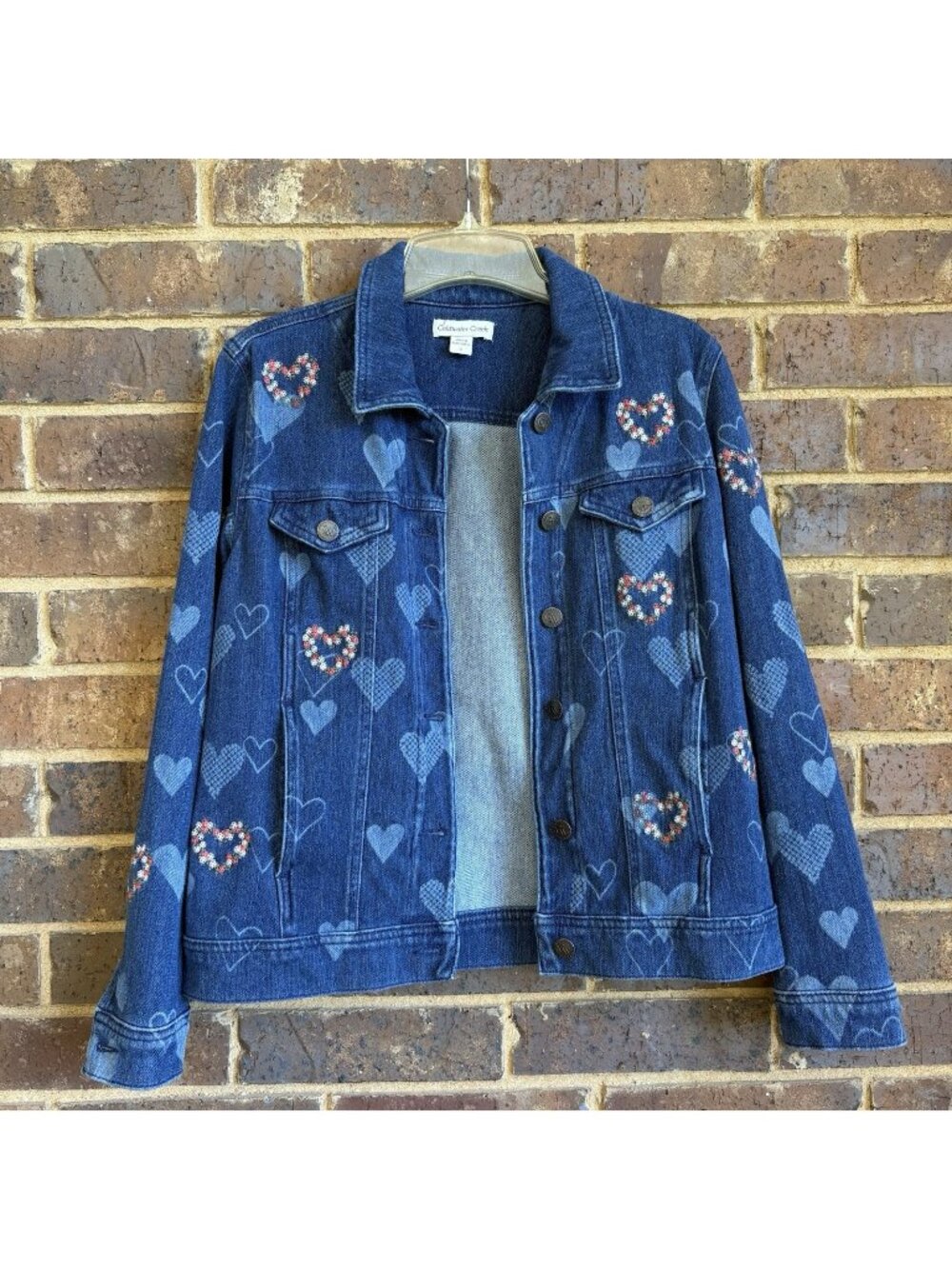 Coldwater Creek Y2K Denim Jacket Button Up All Over Hearts Embroidery Size S
